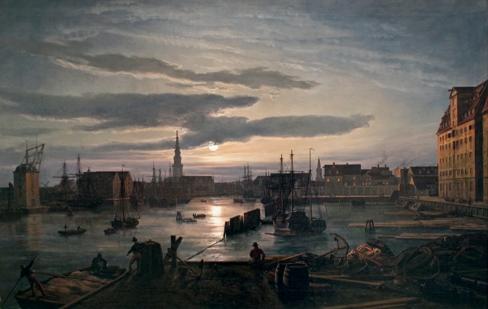 Historisk maleri av seilskip i Københavns havn under en månebelyst himmel.
